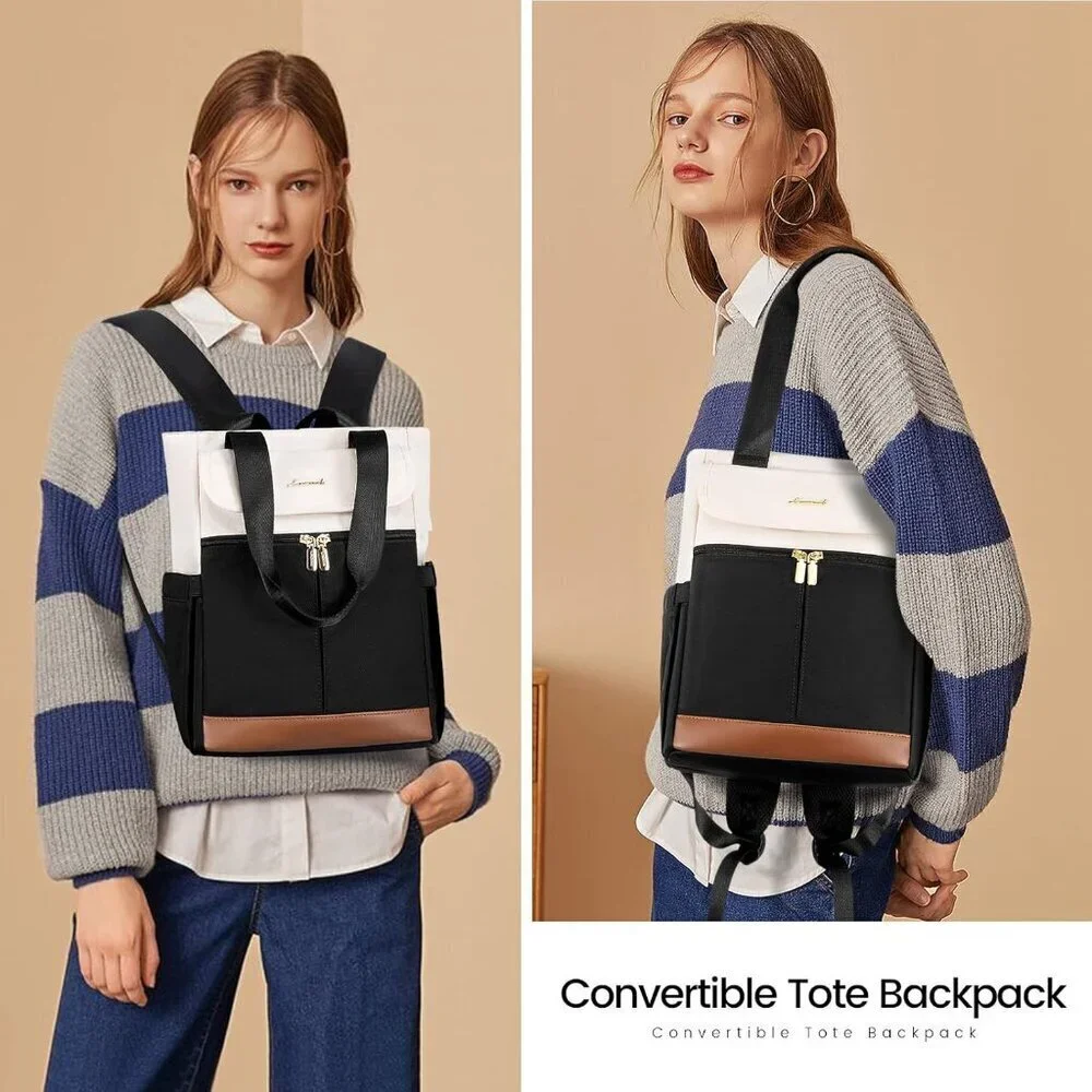 Convertible Mini Backpack Purse Black-Cream Multi-Carry Tote Small College Trave